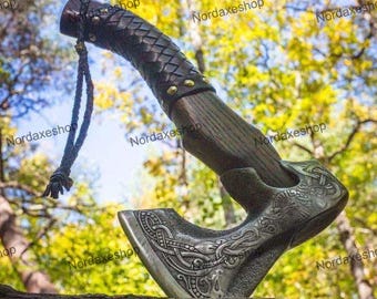 Hand Forged Carbon Steel Viking Axe: Leather Wrapped Handle