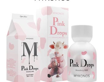 Perfume Mykonos Pink Drops inspirado en la leche de fresa: fragancia dulce y cremosa (50 ml) / Libre de impuestos en EE. UU.