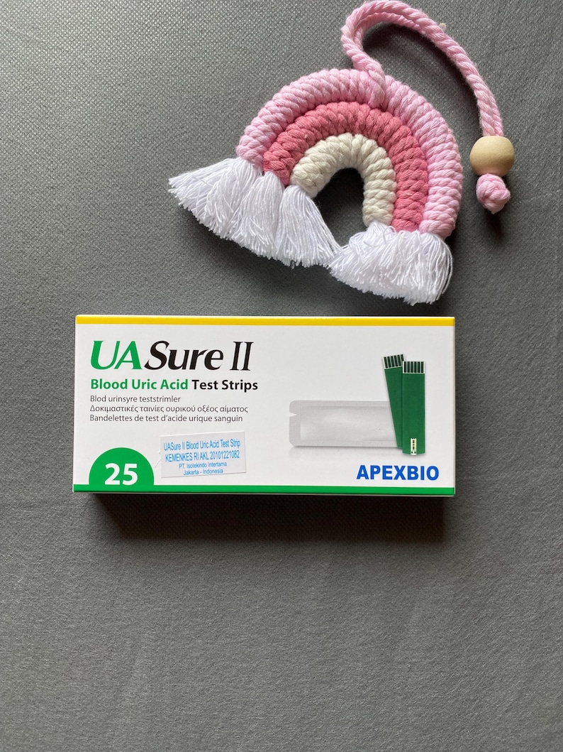 Pode incluir: Um arco-&iacute;ris de macram&ecirc; em tons de rosa, branco e creme, com franjas brancas. Ao lado, uma caixa de tiras de teste de &aacute;cido &uacute;rico no sangue UA Sure II, com o n&uacute;mero 25 vis&iacute;vel.