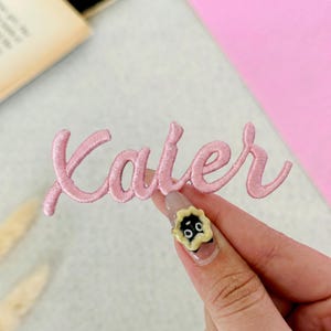 May include: A light pink embroidered patch featuring the word "Kater" in a cursive script font. The lettering is stitched with a raised texture and a satin-like finish, creating a distinct outline and filled appearance for each individual letter.