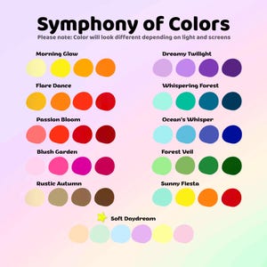 Może przedstawiać: Przewodnik po paletach kolor&oacute;w zatytułowany "Symphony of Colors" z r&oacute;żnymi kombinacjami kolor&oacute;w. Przewodnik zawiera nazwy takie jak "Morning Glow", "Dreamy Twilight" i "Sunny Fiesta". Tekst informuje, że kolory mogą się r&oacute;żnić.