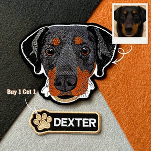 May include: Embroidered patch featuring a dog's face with black, brown, and orange details. The patch includes a smaller rectangular patch with the name "DEXTER" and a paw print. The image also includes a small photo of the dog.