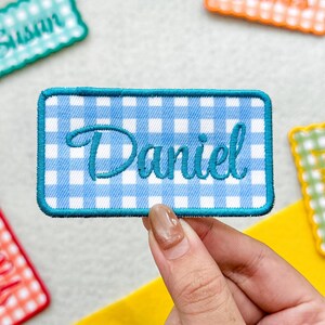 Custom Embroidered Gingham Name Patch, Personalized Backpack Tag, Velcro