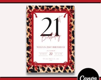 Cheetah Print 21e verjaardagsuitnodiging: bewerkbare sjabloon (digitale download)