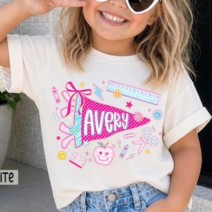 Personalized Name Back To School Kids Shirt, Pennant Girl Toddler Shirt, Girls First Day Of School Tee, School Toddler Gift image 1