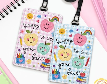 Teacher Leather ID Badge Holder, Happy To See Your Face Back To School Teacher Gifts, Lanyard Accessories, Teacher School Supplies