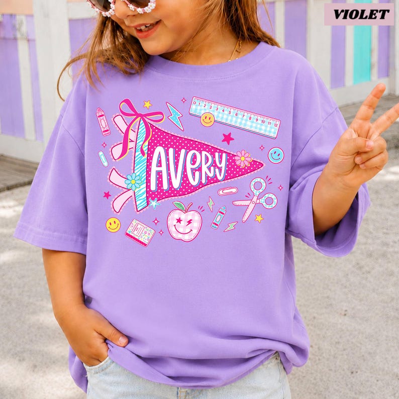 Personalized Name Back To School Kids Shirt, Pennant Girl Toddler Shirt, Girls First Day Of School Tee, School Toddler Gift image 4