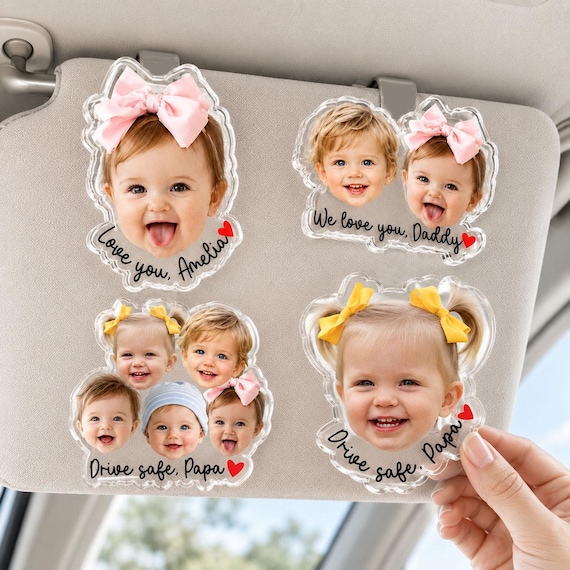 Personalized Baby Face Photo Car Visor Clip, Fathers Day Gift for Dad, Custom Kids Photo Visor Clip, Drive Safe Daddy Gift, Gift For Husband