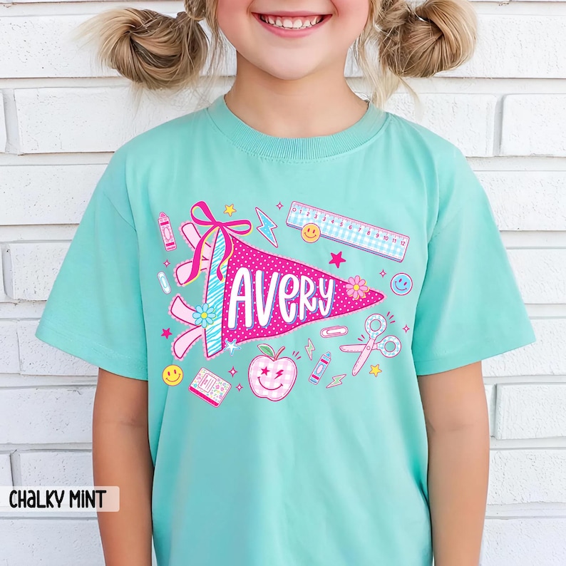 Personalized Name Back To School Kids Shirt, Pennant Girl Toddler Shirt, Girls First Day Of School Tee, School Toddler Gift image 11