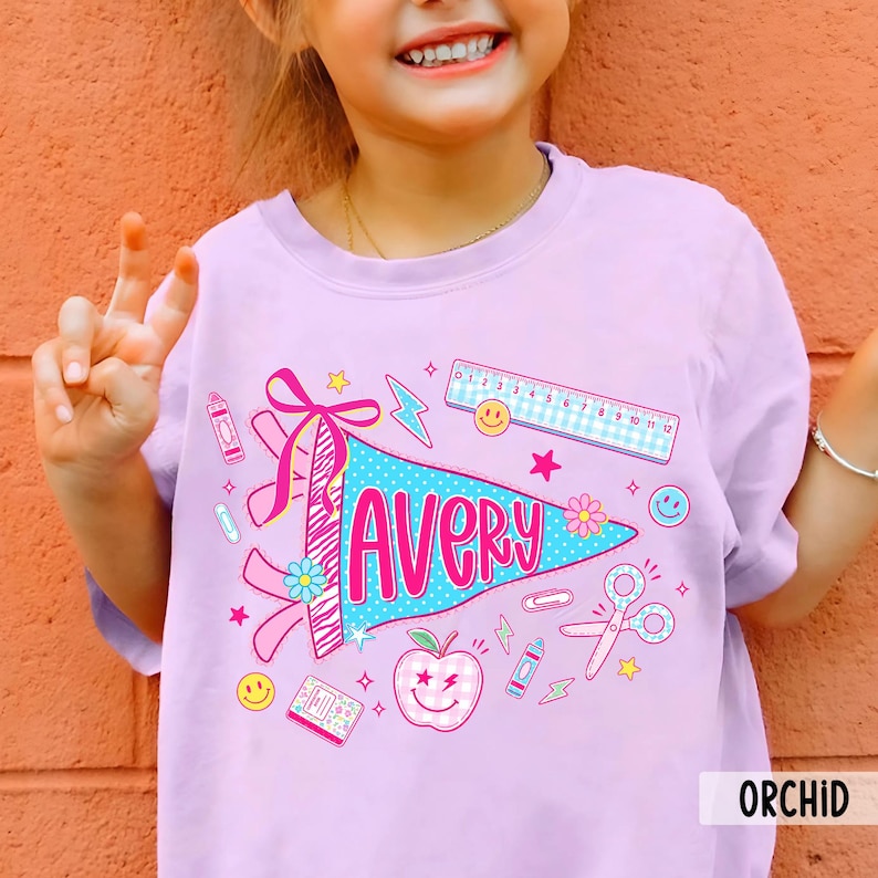 Personalized Name Back To School Kids Shirt, Pennant Girl Toddler Shirt, Girls First Day Of School Tee, School Toddler Gift image 6