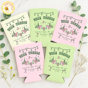 Camp Bachelorette Can Coolers, Camping Bachelorette Party Can Holder, Last Trail Before The Veil, Mountain Themed Bach Favors, Weekend Party