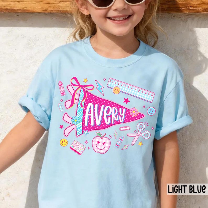 Personalized Name Back To School Kids Shirt, Pennant Girl Toddler Shirt, Girls First Day Of School Tee, School Toddler Gift image 7