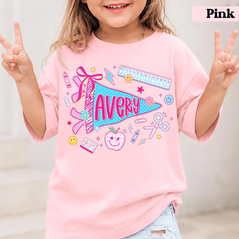 Personalized Name Back To School Kids Shirt, Pennant Girl Toddler Shirt, Girls First Day Of School Tee, School Toddler Gift image 5