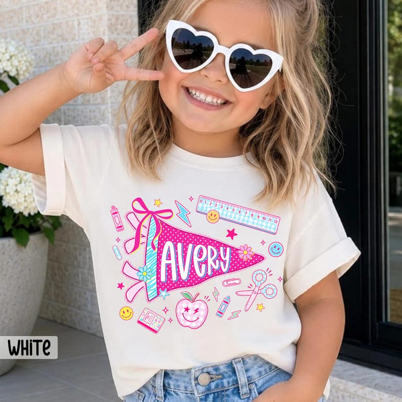 Personalized Name Back To School Kids Shirt, Pennant Girl Toddler Shirt, Girls First Day Of School Tee, School Toddler Gift image 1