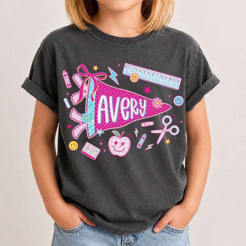 Personalized Name Back To School Kids Shirt, Pennant Girl Toddler Shirt, Girls First Day Of School Tee, School Toddler Gift image 8