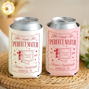 Custom Bachelorette Can Cooler, Match Made In Heaven Bachelorette Can Cooler, Perfect Match Bridal Party Gifts, Matchbox Themed Party Favors