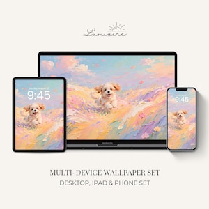 May include: A multi-device wallpaper set featuring a cute puppy in a colorful, pastel landscape. The set includes a laptop, tablet, and phone, each displaying the same image. The time displayed is 9:45. The text reads "MULTI-DEVICE WALLPAPER SET DESKTOP, IPAD & PHONE SET."
