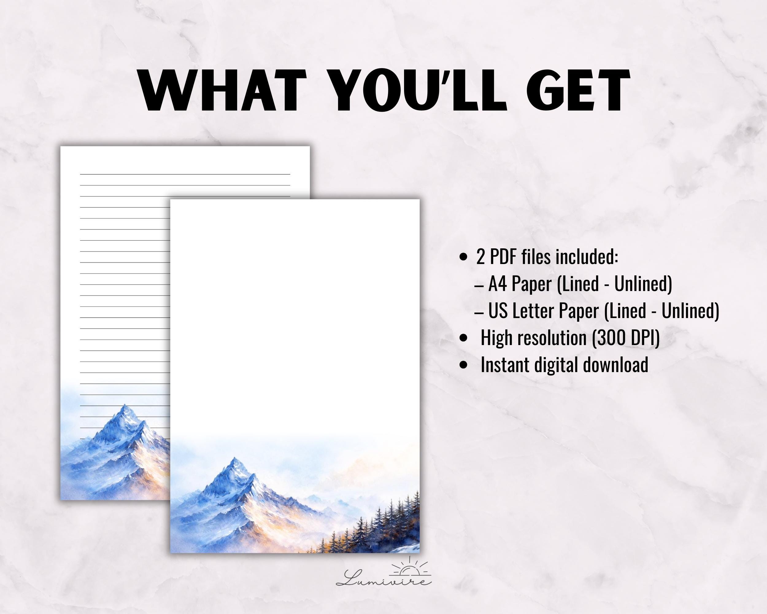 Printable Lined Writing Paper | Mountain Sunrise Landscape Stationery ...