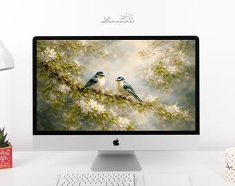 Luxury Birds Wallpaper | Aesthetic Spring Blossom Desktop Background | Vintage Oil Painting Style Nature Art | Soft Floral Wallpaper