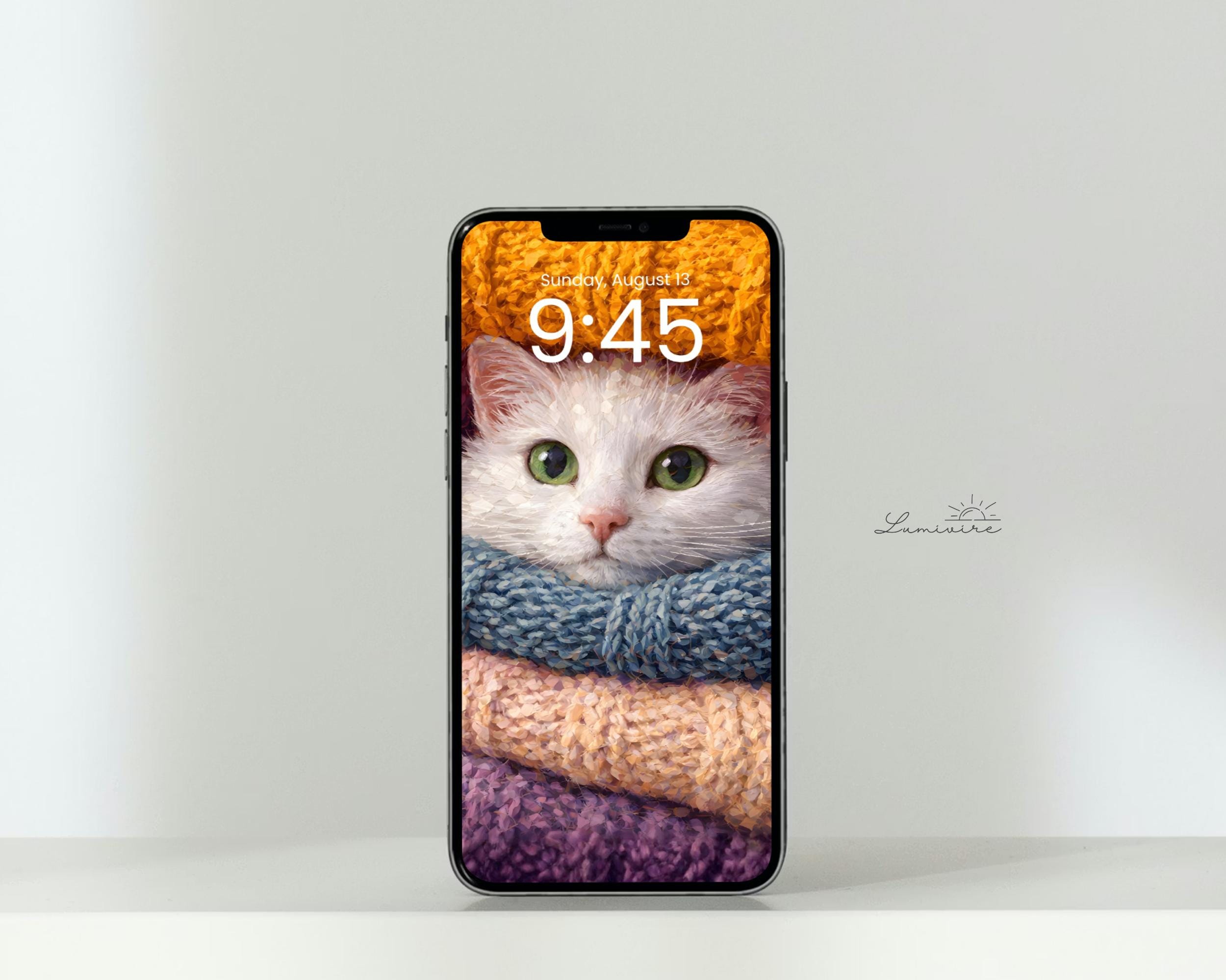 Cozy Desktop Wallpaper Set, Cat iPhone Wallpaper, Knitted Warmth Phone ...