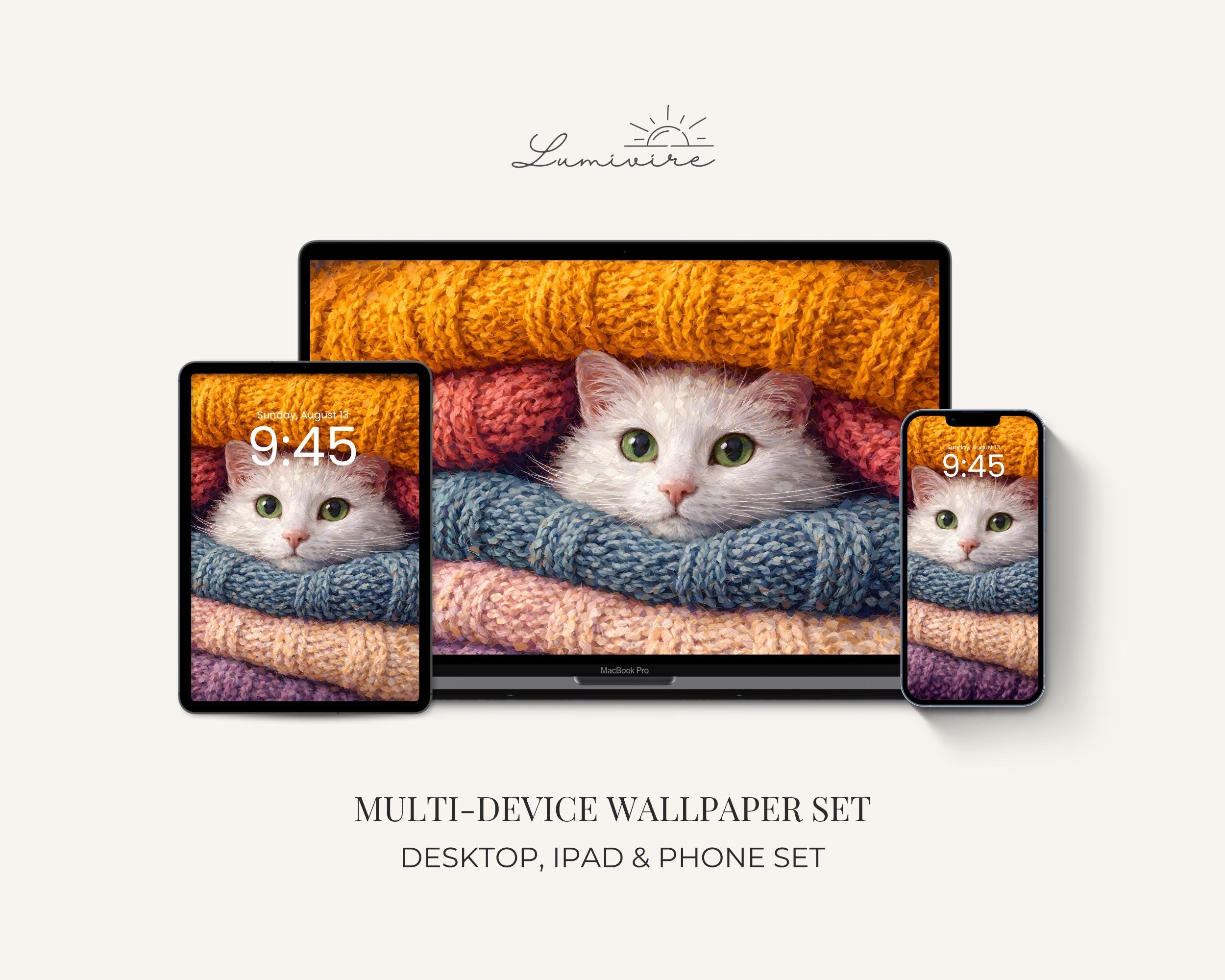 Cozy Desktop Wallpaper Set, Cat iPhone Wallpaper, Knitted Warmth Phone ...