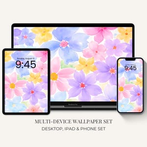 Pastell Blumen- und Blumentapeten-Set - Bundle für iPhone, iPad & Desktop | Entspannender weicher ästhetischer Sommerblumen-Hintergrund