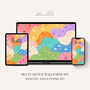 May include: A multi-device wallpaper set featuring a colorful, abstract design with a variety of shapes and patterns. The set includes a laptop, tablet, and phone, each displaying the same wallpaper. The time 9:45 is displayed on the tablet and phone.