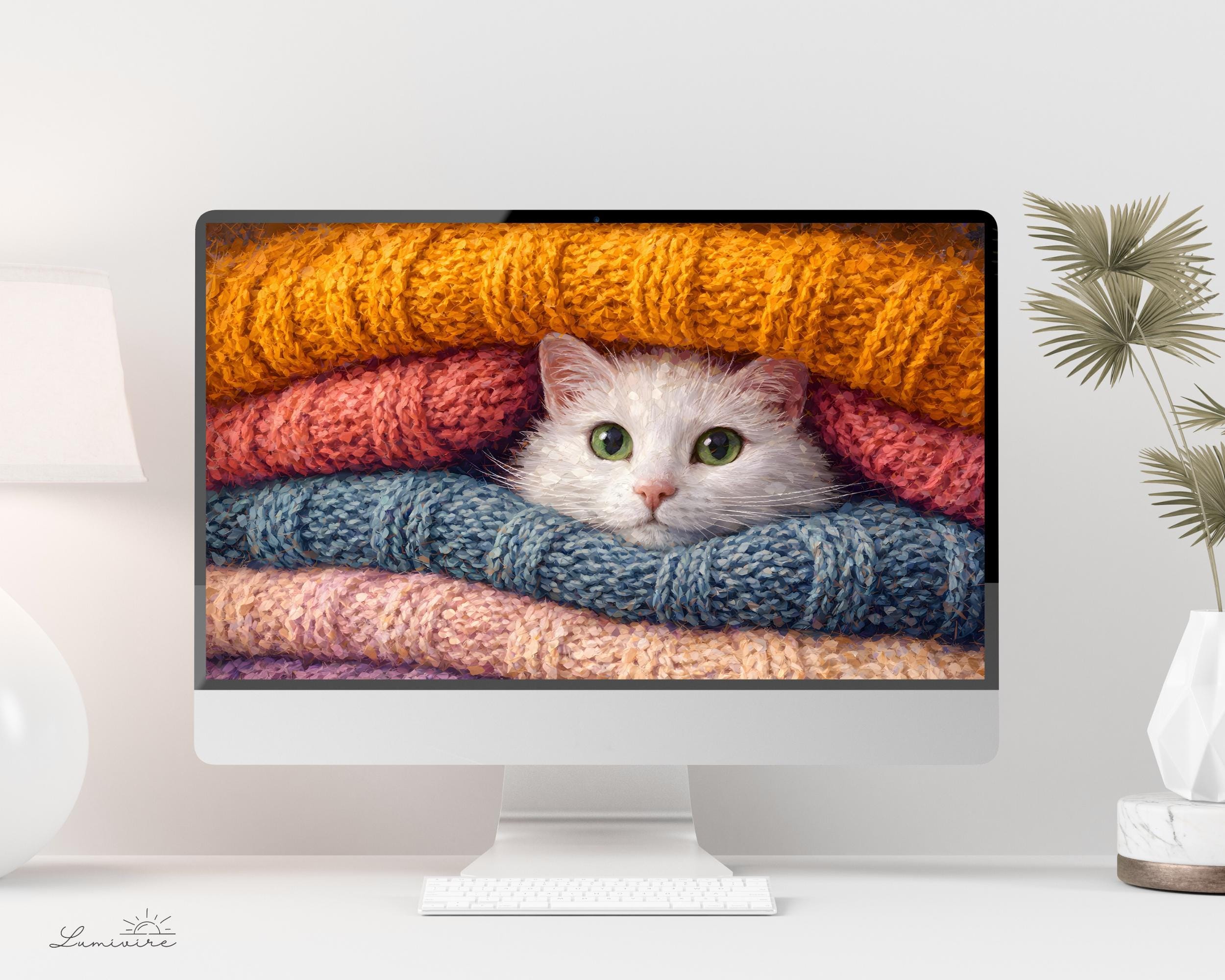 Cozy Desktop Wallpaper Set, Cat iPhone Wallpaper, Knitted Warmth Phone ...
