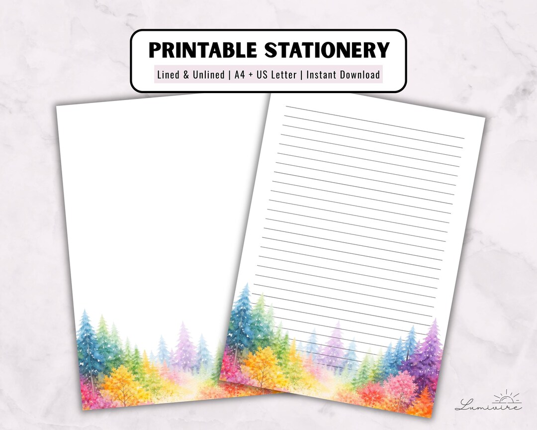 Printable Lined Writing Paper | Colorful Forest Stationery | Watercolor ...