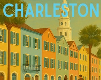 Peut inclure: Illustration de Charleston, Caroline du Sud, avec des bâtiments colorés avec des volets et un clocher d'église. Le mot "CHARLESTON" est affiché en grandes lettres bleu clair. Une famille marche sur le trottoir. Le texte "A Passport Pals" est en bas.