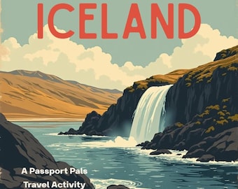 Peut inclure: Un livre d'activités de voyage intitulé "Islande" avec un design d'affiche de voyage vintage. L'image présente une cascade se déversant dans un lac bleu, avec des montagnes et des nuages en arrière-plan. Le texte "A Passport Pals Travel Activity Book" est également inclus.