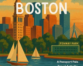 Peut inclure: Couverture illustrée d'un livre d'activités de voyage avec le mot "BOSTON" en grandes lettres blanches. L'image présente des voiliers sur une rivière, un paysage urbain et le texte "FENWAY PARK". Le livre est pour les 9-12 ans.