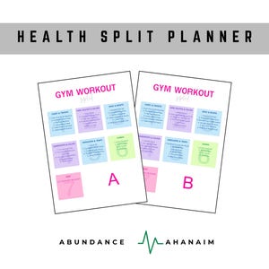 Peut inclure: Deux feuilles blanches avec le titre "GYM WORKOUT" et des détails d'entraînement dans des cases roses, bleues et vertes. Le texte "HEALTH SPLIT PLANNER" est en haut. Le mot "ABUNDANCE" est en bas à gauche, et un logo et le mot "AHANAIM" sont en bas à droite.