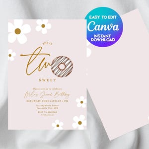 Two Sweet Donut 2nd Birthday Invitation | Editable Party Invite for Girls | Canva Template | Instant Digital Download