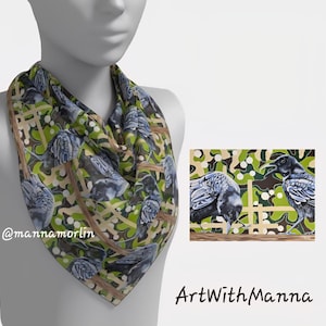 Crows Square Scarf in Silk or Polyester, Original Wearable Bird Art