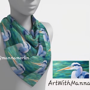 Great-Blue-Heron Square Scarf in Silk or Polyester, Unique and Elegant Wearable Bird Art