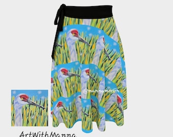 Sandhill Crane Wrap Skirt, Original Wearable Bird Art Sarong, Fashionable Beach Wrap