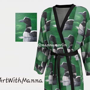 Peignoir huard en soie ou polyester, oeuvre d'art originale à porter sur les oiseaux