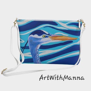 Great-Blue-Heron Vegan Leather Crossbody Purse, Bird Bag, Unique Wearable Art
