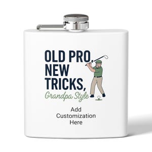 Golf-Themed Stainless Steel Flask, Old Pro New Tricks, Customizable Gift for Golf Lovers, Birthday, Fathers Day, Fun Drinkware