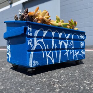 May include: A blue planter box with white graffiti art and small wheels, filled with succulents. The planter is painted a bright blue and has a rectangular shape, resembling a miniature dumpster.