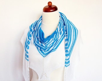 blue white bamboo shawl, handknit triangle wrap