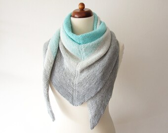 mint gray shawl, handknit vegan triangle scarf