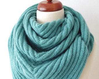 mint green shawl, handknit triangle scarf with wool and mohair