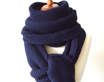 navy blue scarf, wide and very long handknit winter wrap