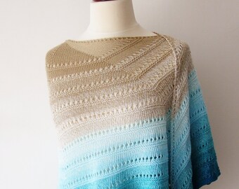 blue beige shawl, handknit cotton wrap