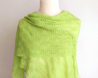 apple green lace shawl, handknit wool stole