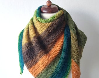 colorful shawl green brown orange mustard teal wrap handknit from yarn with wool and mohair