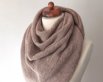 beige shawl handknit in wool and acrylic blend, light and warm unisex winter triangle scarf