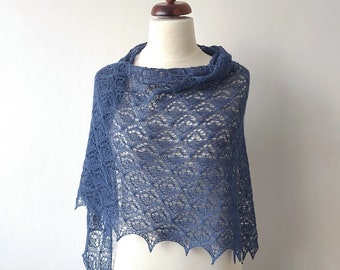 blue lace shawl handknit in blend of silk and alpaca, delicate bridal cover up